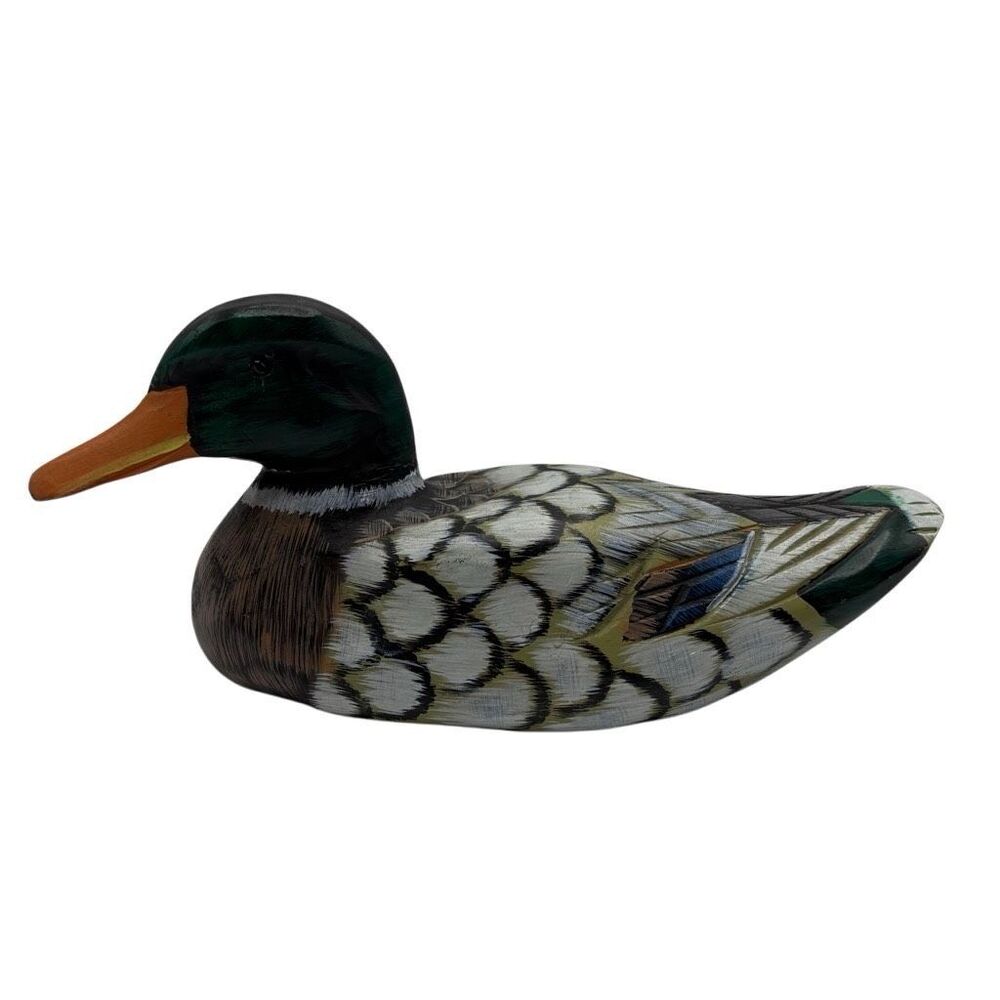 Hand Carved Wooden Mallard Duck Decoy‎ Solid Body 10" Long Glass Eye